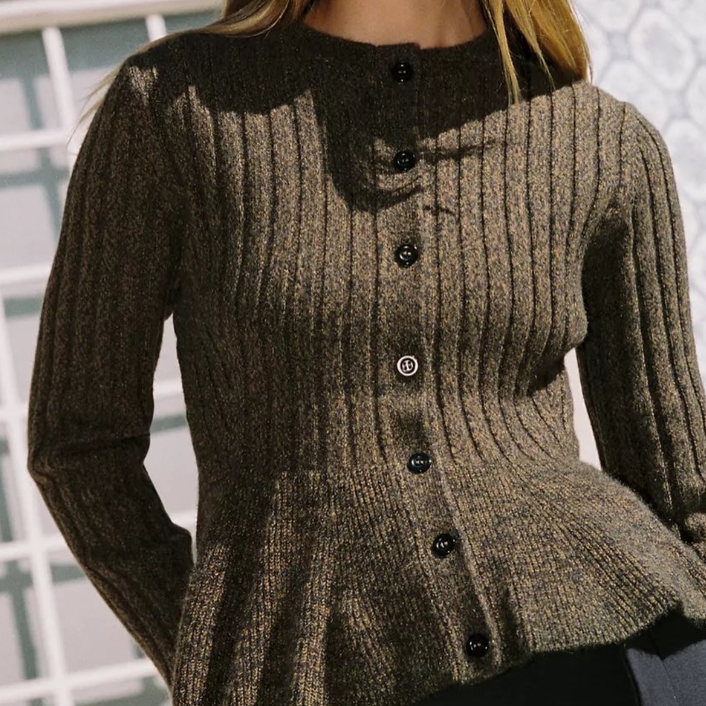 Olive Ribbed Button-Up Peplum Sweater